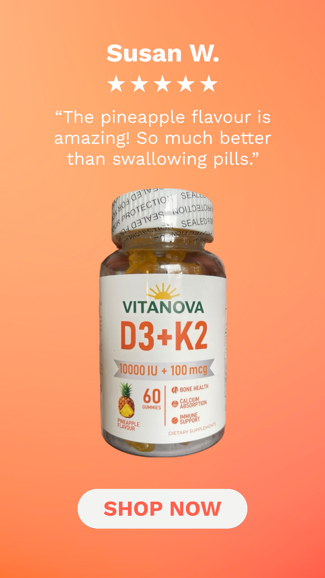 VitaNova D3+K2 Gummies – 10,000 IU Vitamin D3 + 100 mcg K2