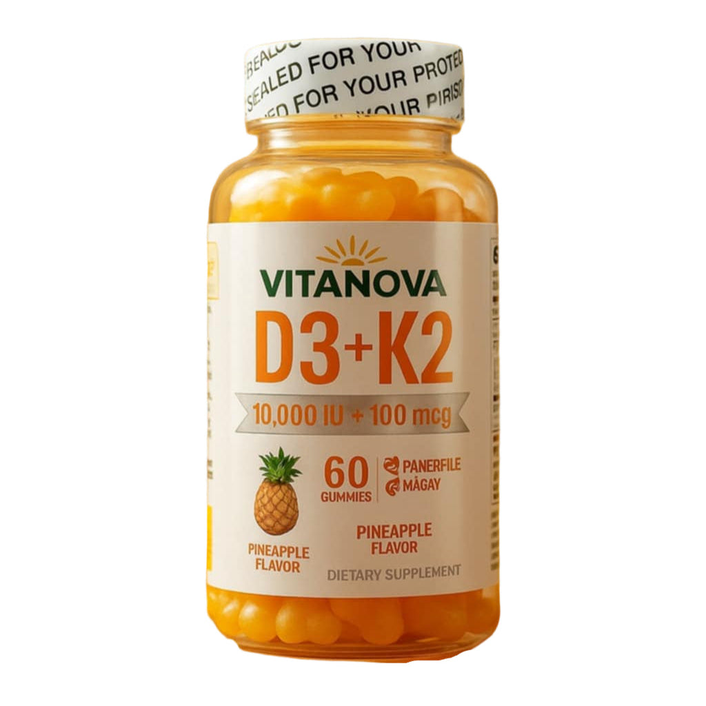 Vitanova D3+K2 supplement bottle with pineapple flavor on an orange background