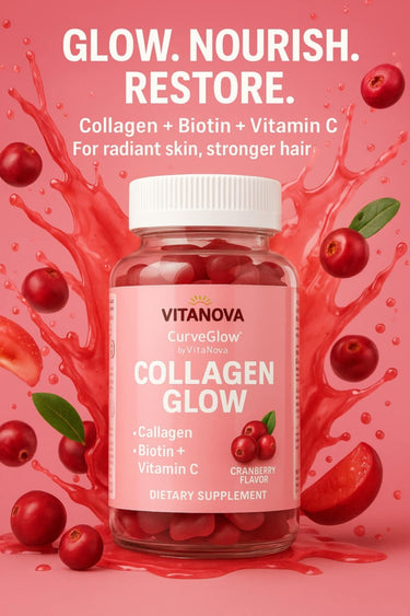Vitanova collagen supplement bottle with cranberries on a pink background