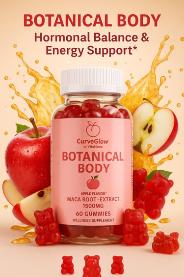 Supplement bottle labeled 'Botanical Body' with gummy bears and apples on a beige background